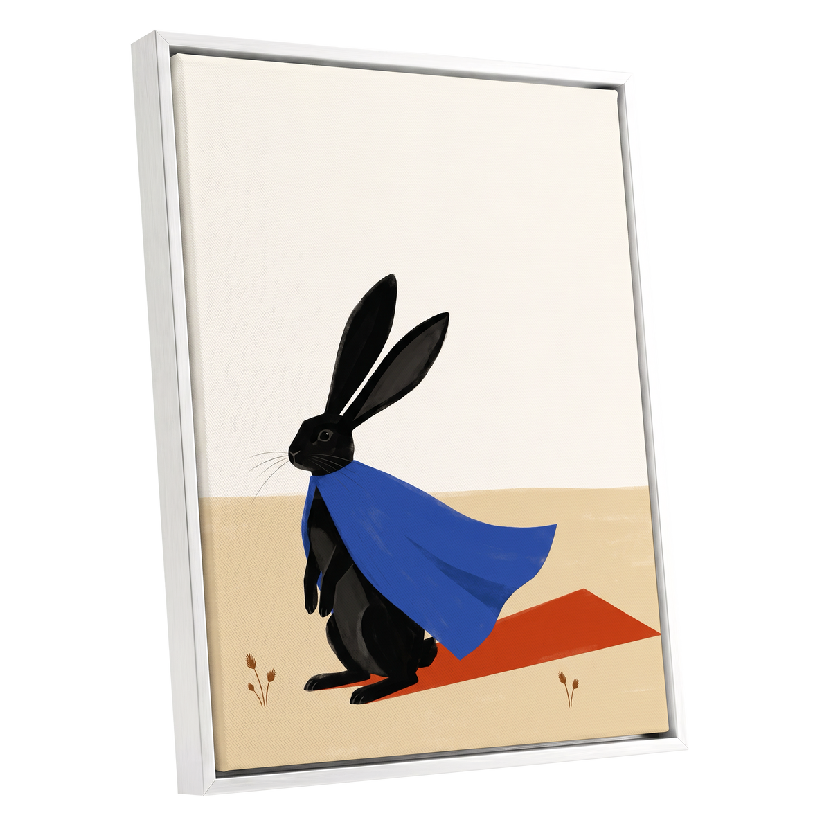 Blue Cape Hare, black, blue, beige nature wall art shown as a white framed canvas wall art