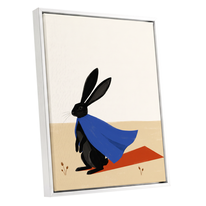 Blue Cape Hare, black, blue, beige nature wall art shown as a white framed canvas wall art