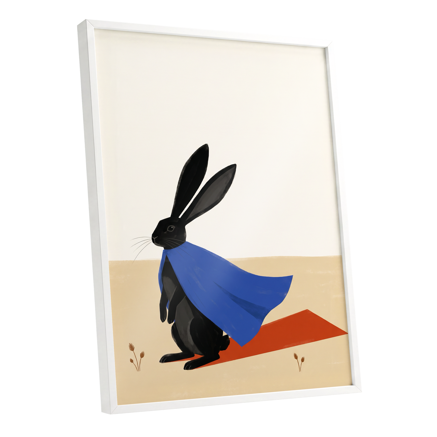 Blue Cape Hare, black, blue, beige nature wall art shown as a white framed poster wall art print