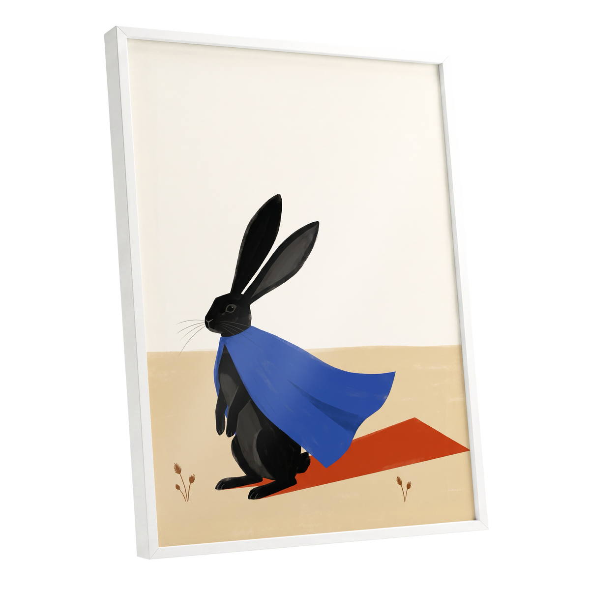 Blue Cape Hare, black, blue, beige nature wall art shown as a white framed poster wall art print