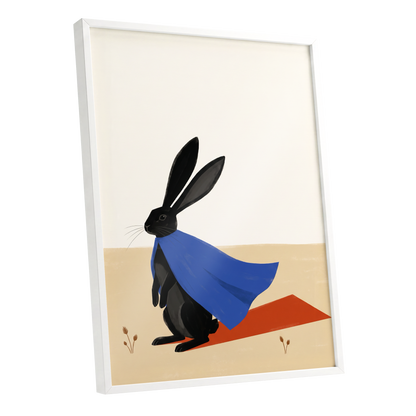 Blue Cape Hare, black, blue, beige nature wall art shown as a white framed poster wall art print