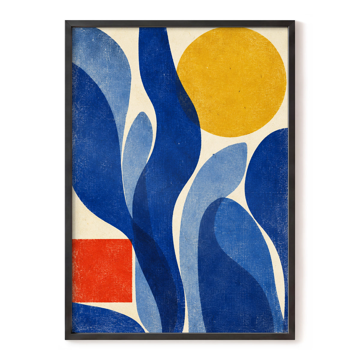 Blue Curves, Golden Circle, blue, beige, yellow abstract wall art, front artwork view