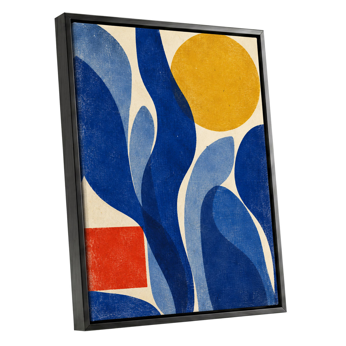 Blue Curves, Golden Circle, blue, beige, yellow abstract wall art shown as a black framed canvas wall art