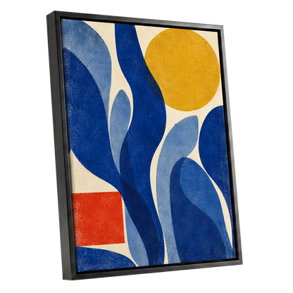 Blue Curves, Golden Circle, blue, beige, yellow abstract wall art shown as a black framed canvas wall art