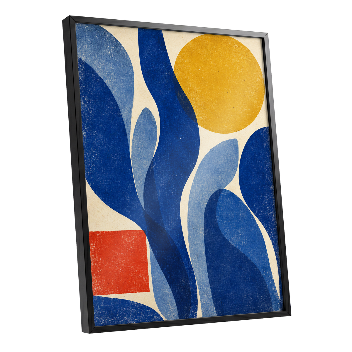 Blue Curves, Golden Circle, blue, beige, yellow abstract wall art shown as a black framed poster wall art print