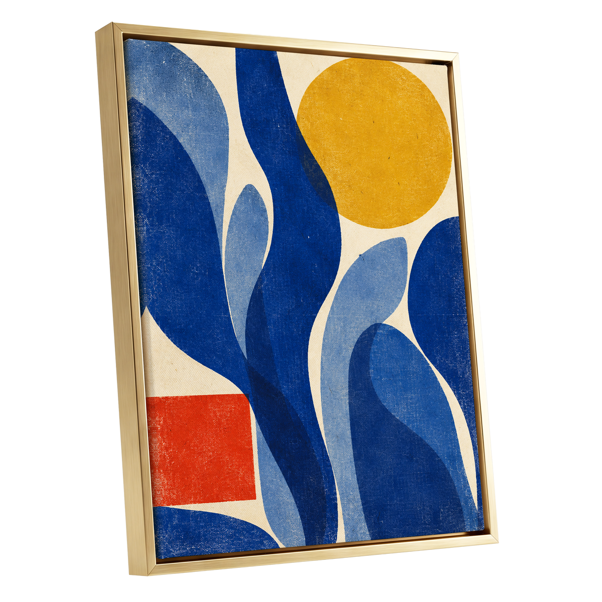 Blue Curves, Golden Circle, blue, beige, yellow abstract wall art shown as a gold framed canvas wall art
