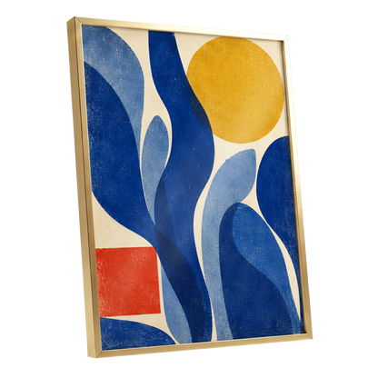 Blue Curves, Golden Circle, blue, beige, yellow abstract wall art shown as a gold framed poster wall art print