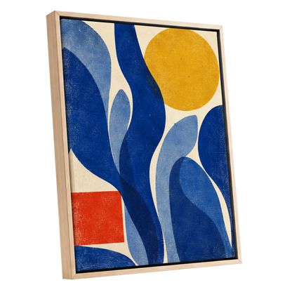 Blue Curves, Golden Circle, blue, beige, yellow abstract wall art shown as a oak framed canvas wall art