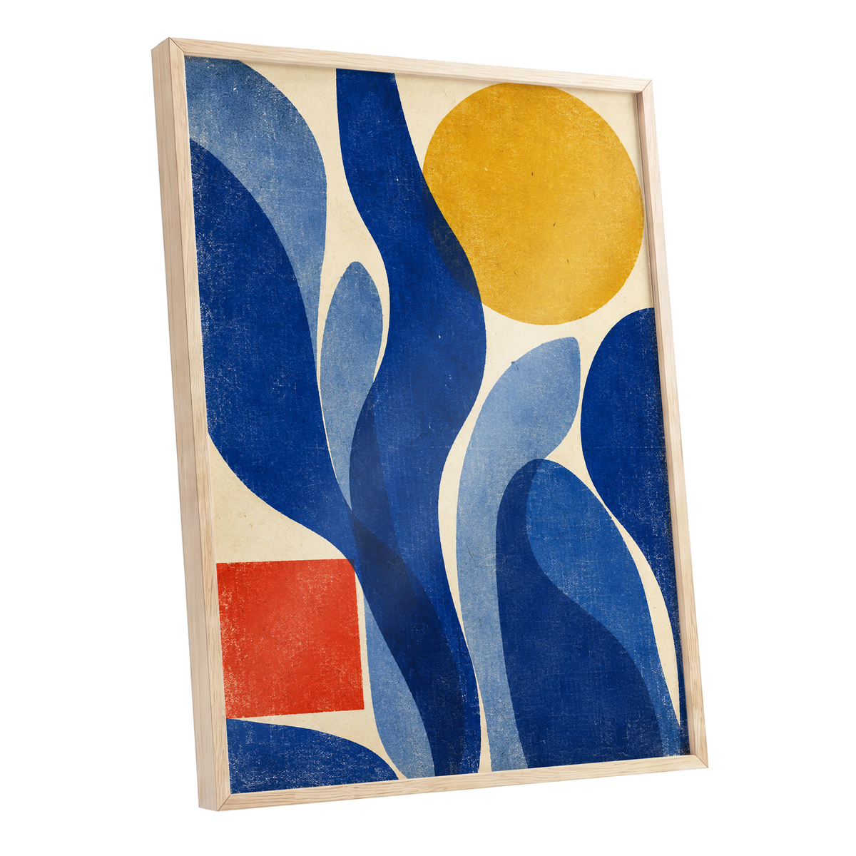 Blue Curves, Golden Circle, blue, beige, yellow abstract wall art shown as a oak framed poster wall art print
