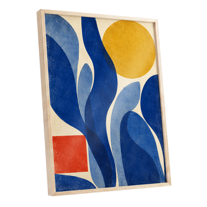 Blue Curves, Golden Circle, blue, beige, yellow abstract wall art shown as a oak framed poster wall art print