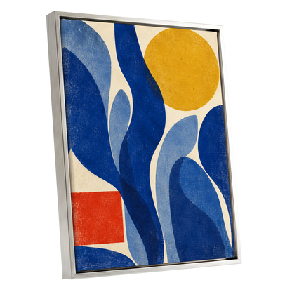 Blue Curves, Golden Circle, blue, beige, yellow abstract wall art shown as a silver framed canvas wall art
