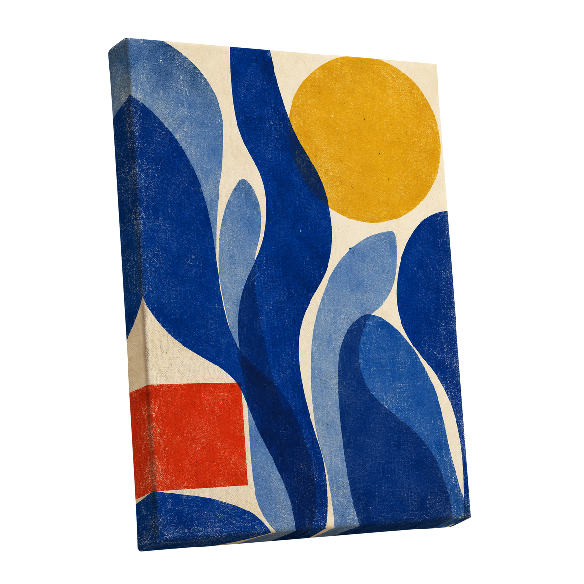 Blue Curves, Golden Circle, blue, beige, yellow abstract wall art shown as a stretched canvas wall art