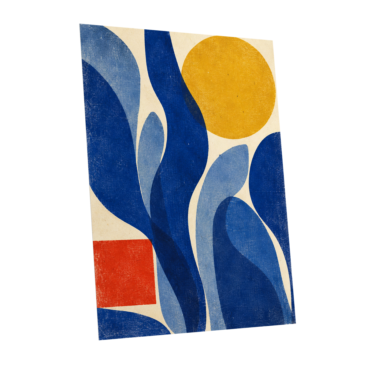 Blue Curves, Golden Circle, blue, beige, yellow abstract wall art shown as a unframed poster wall art print