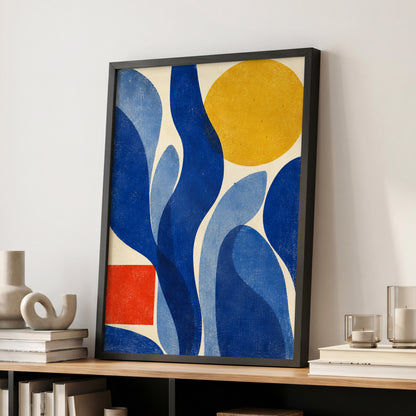 Blue Curves, Golden Circle, blue, beige, yellow abstract wall art displayed in a styled interior, gallery view 2