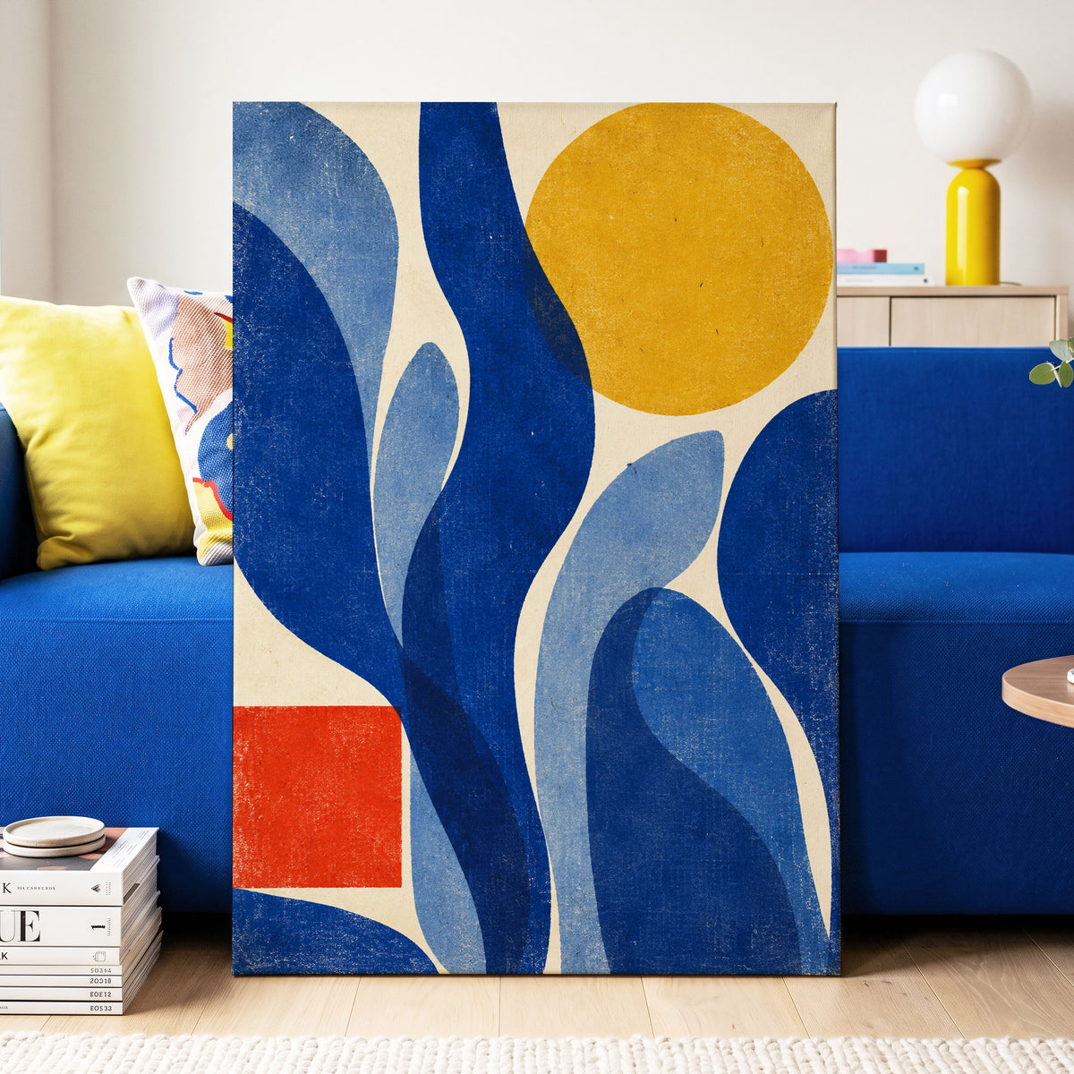 Blue Curves, Golden Circle, blue, beige, yellow abstract wall art displayed in a styled interior, gallery view 3