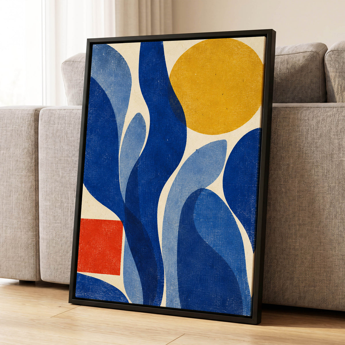 Blue Curves, Golden Circle, blue, beige, yellow abstract wall art displayed in a styled interior, gallery view 4
