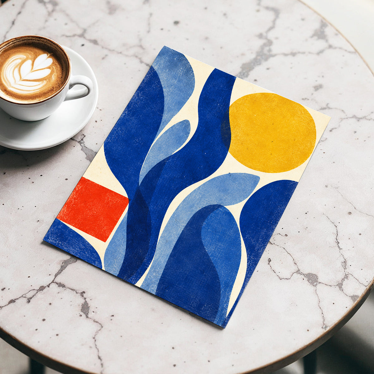 Blue Curves, Golden Circle, blue, beige, yellow abstract wall art displayed in a styled interior, gallery view 5