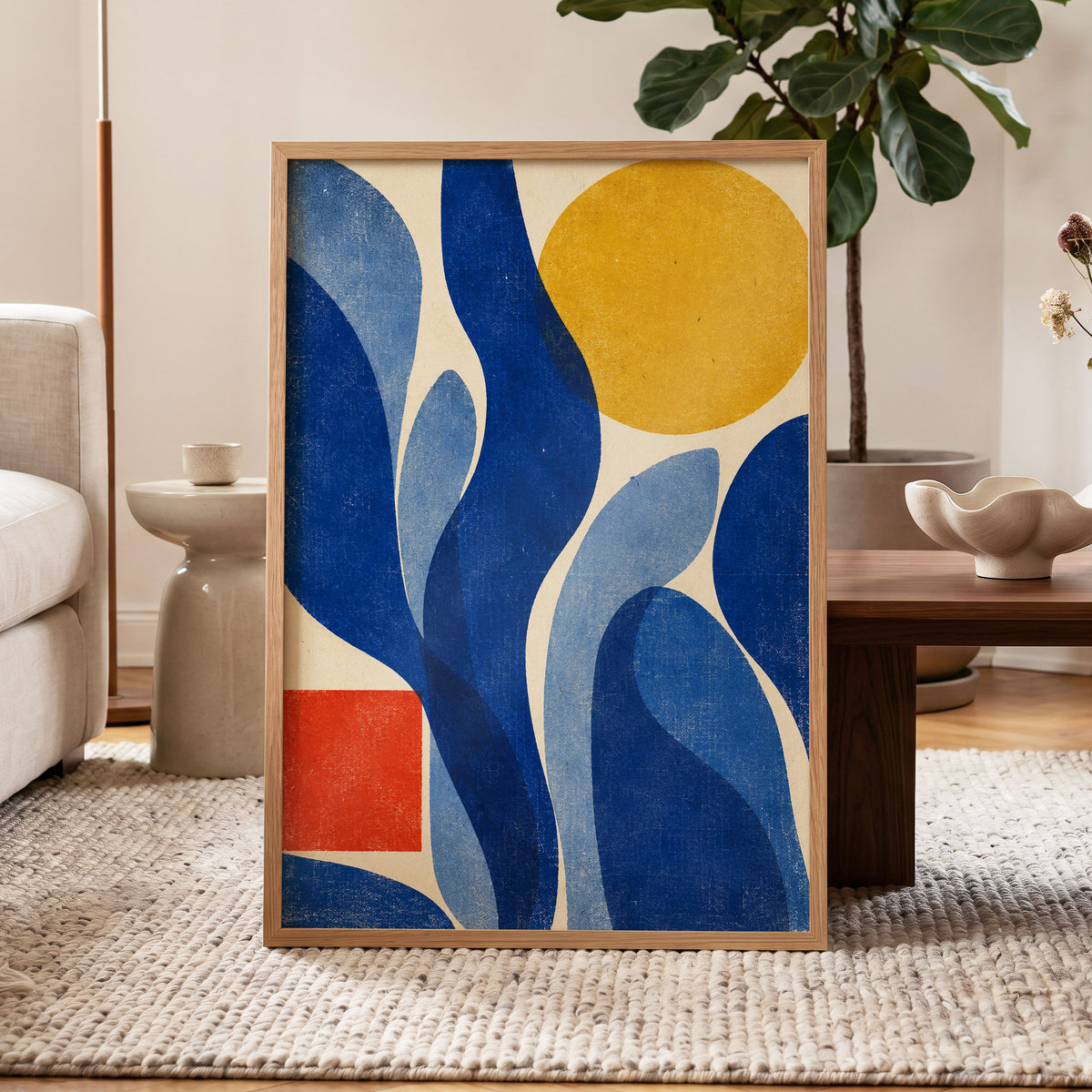 Blue Curves, Golden Circle, blue, beige, yellow abstract wall art displayed in a styled interior, gallery view 6