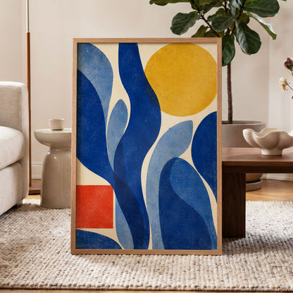 Blue Curves, Golden Circle, blue, beige, yellow abstract wall art displayed in a styled interior, gallery view 6