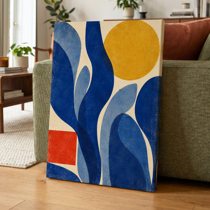 Blue Curves, Golden Circle, blue, beige, yellow abstract wall art displayed in a styled interior, gallery view 7