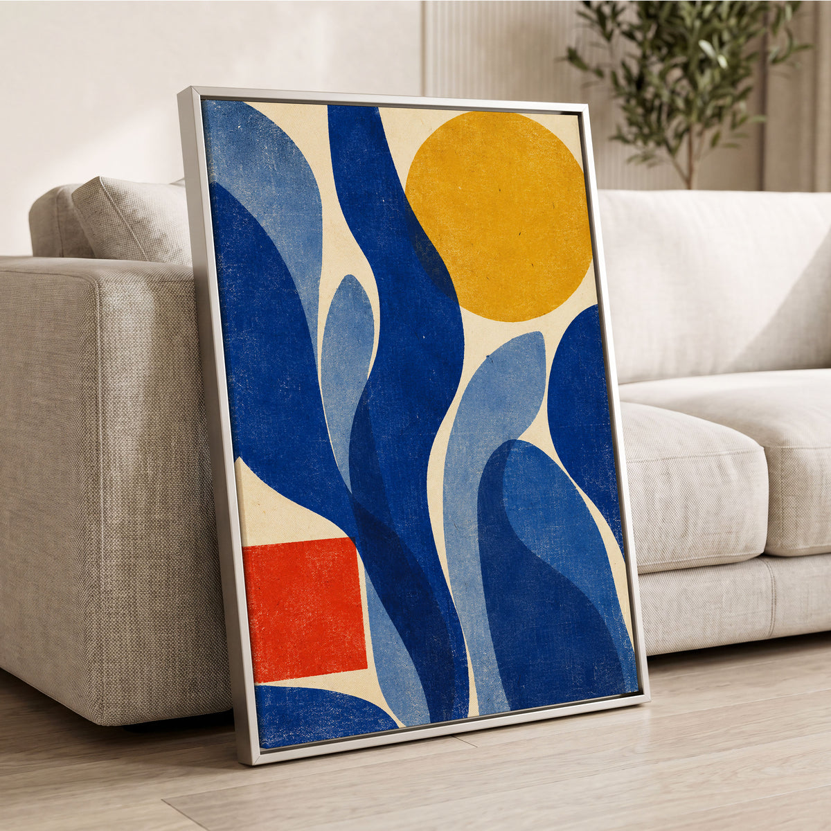 Blue Curves, Golden Circle, blue, beige, yellow abstract wall art displayed in a styled interior, gallery view 8