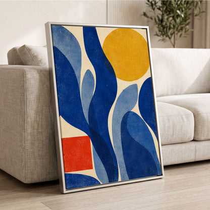 Blue Curves, Golden Circle, blue, beige, yellow abstract wall art displayed in a styled interior, gallery view 8