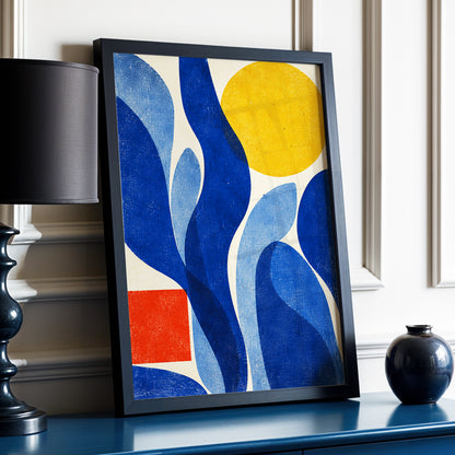 Blue Curves, Golden Circle, blue, beige, yellow abstract wall art displayed in a styled interior, gallery view 9