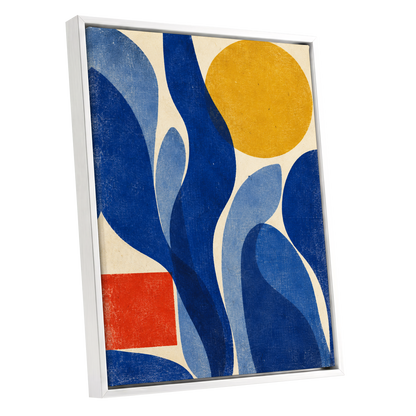 Blue Curves, Golden Circle, blue, beige, yellow abstract wall art shown as a white framed canvas wall art