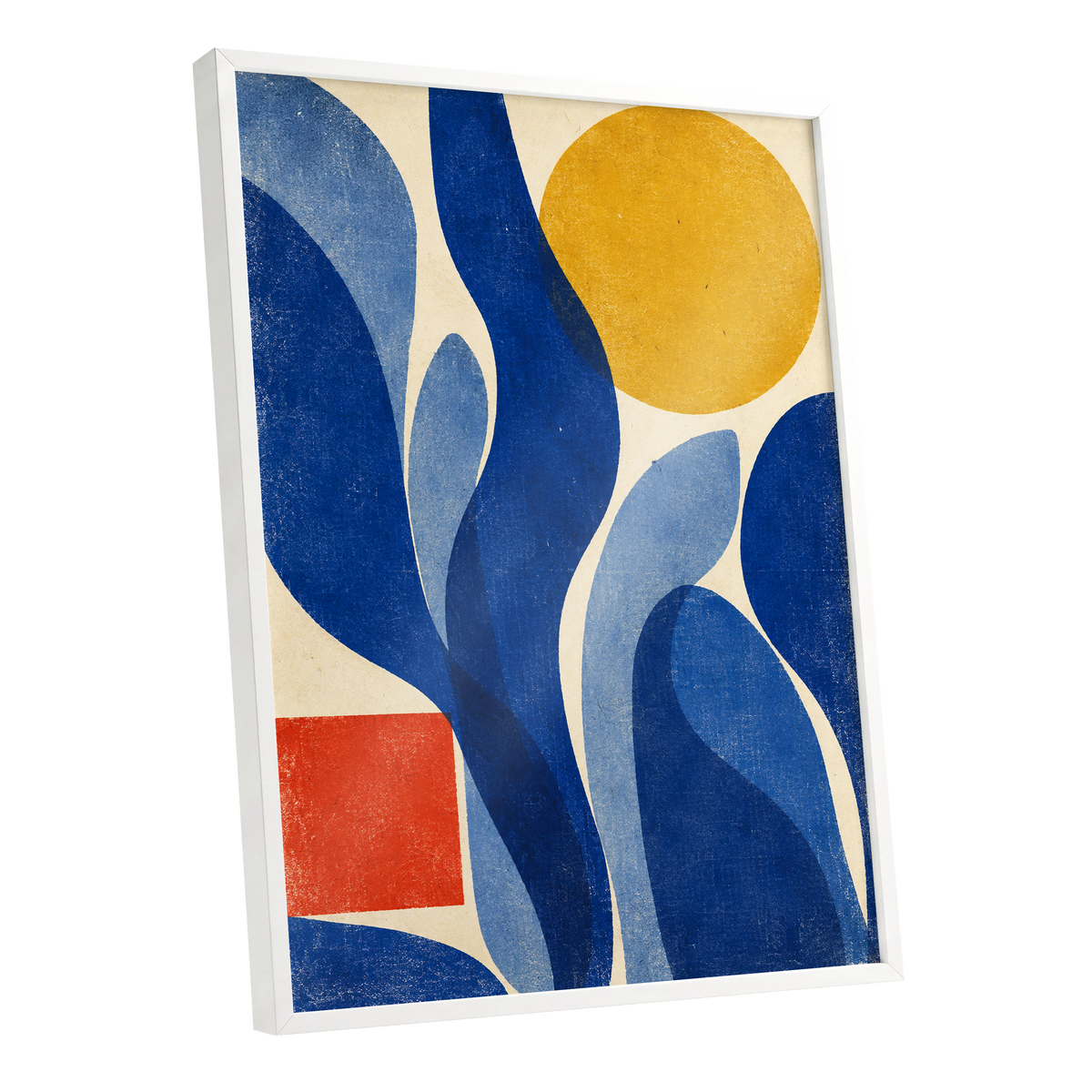 Blue Curves, Golden Circle, blue, beige, yellow abstract wall art shown as a white framed poster wall art print