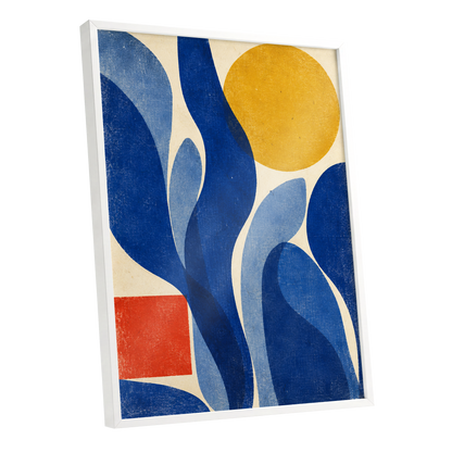 Blue Curves, Golden Circle, blue, beige, yellow abstract wall art shown as a white framed poster wall art print