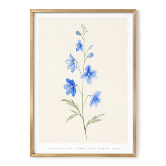 Blue Delphinium Study, blue, green, beige floral wall art, front artwork view