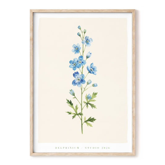 Blue Delphinium Study, blue, green, beige floral wall art, front artwork view