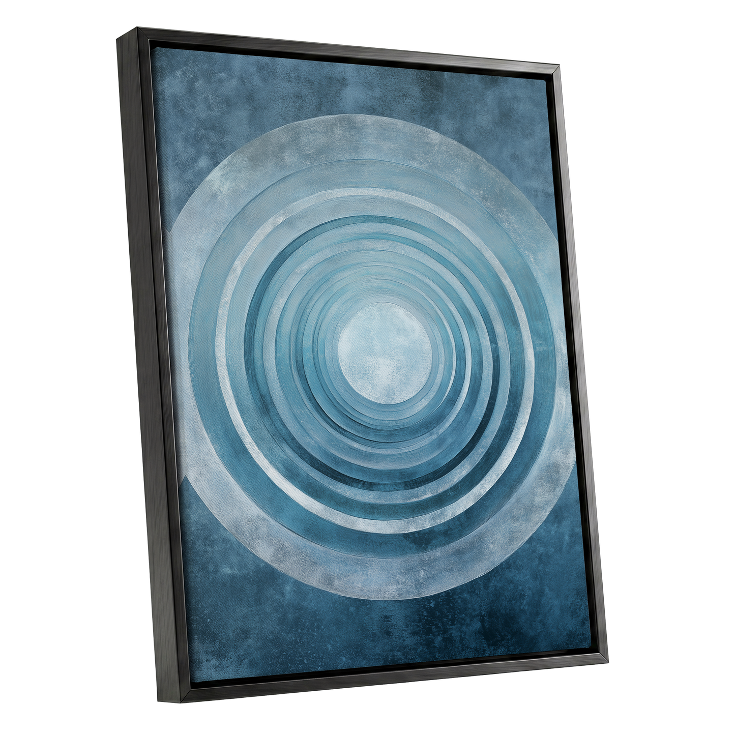 Blue Echo Chamber, blue, white, gray abstract wall art shown as a black framed canvas wall art