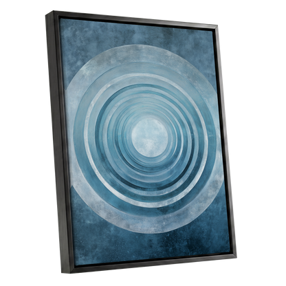 Blue Echo Chamber, blue, white, gray abstract wall art shown as a black framed canvas wall art