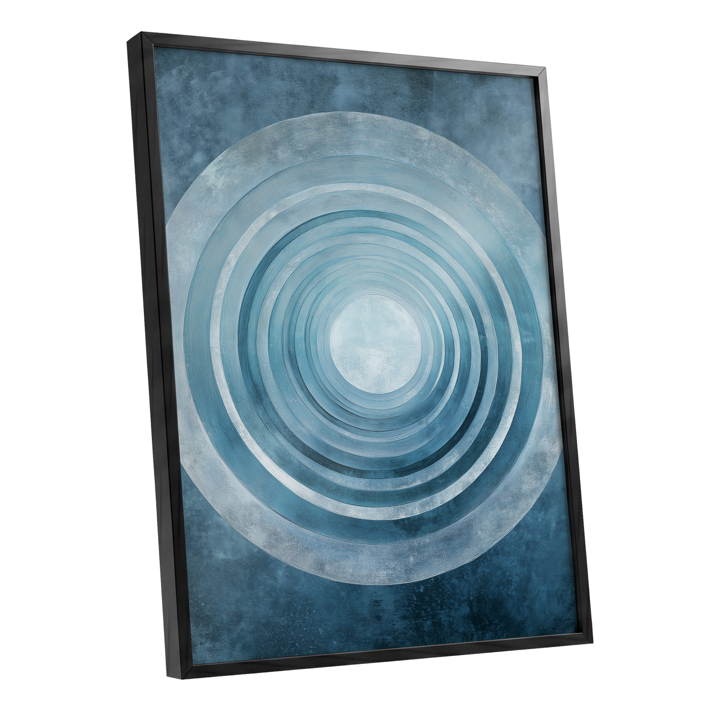 Blue Echo Chamber, blue, white, gray abstract wall art shown as a black framed poster wall art print