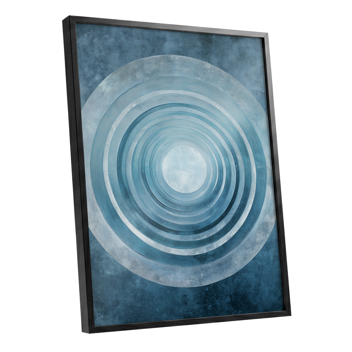 Blue Echo Chamber, blue, white, gray abstract wall art shown as a black framed poster wall art print