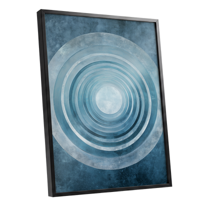 Blue Echo Chamber, blue, white, gray abstract wall art shown as a black framed poster wall art print