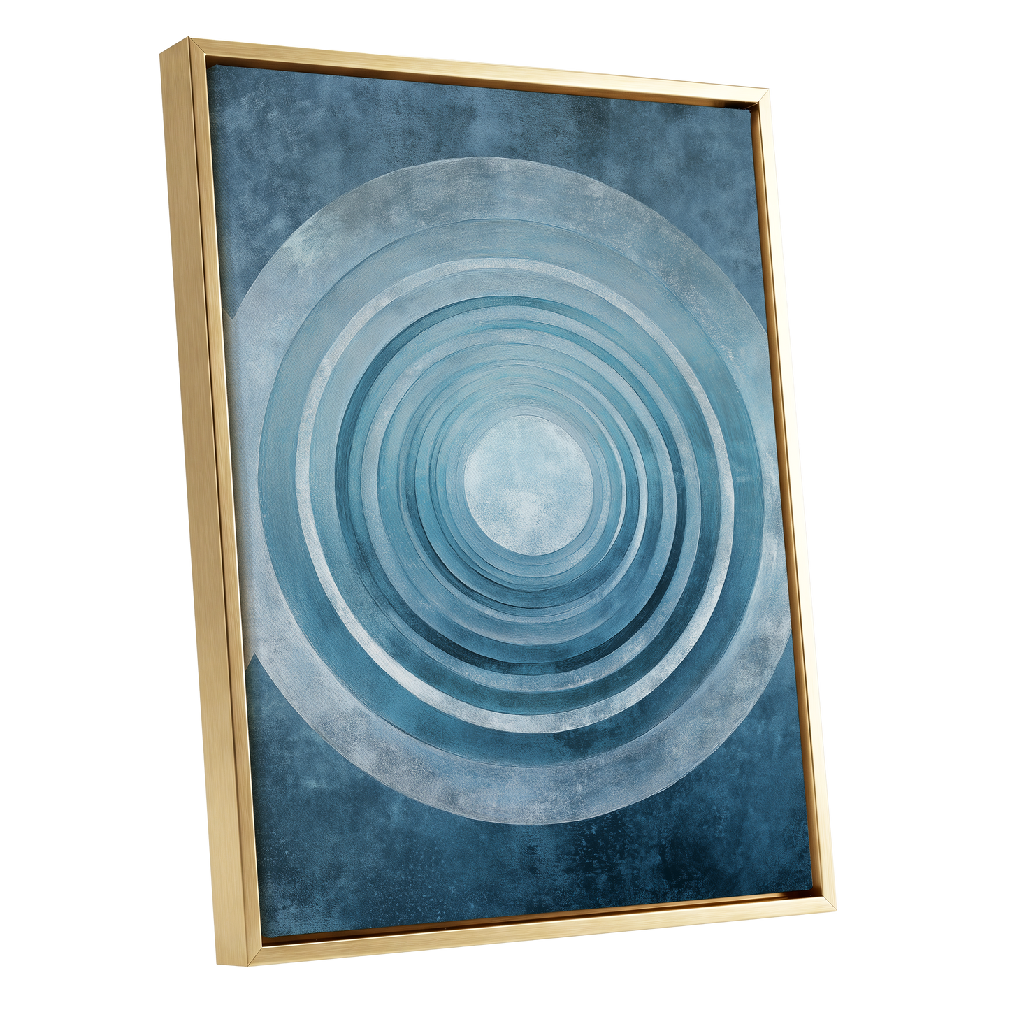 Blue Echo Chamber, blue, white, gray abstract wall art shown as a gold framed canvas wall art