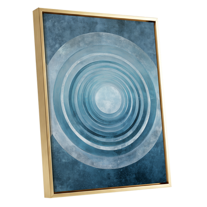 Blue Echo Chamber, blue, white, gray abstract wall art shown as a gold framed canvas wall art