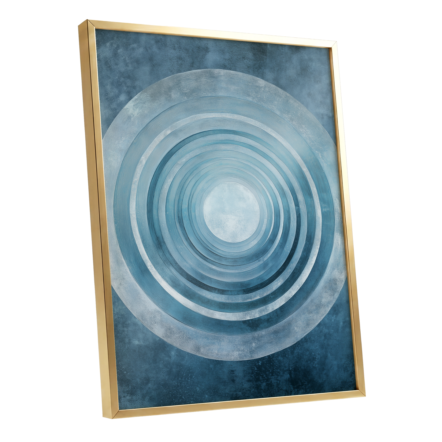Blue Echo Chamber, blue, white, gray abstract wall art shown as a gold framed poster wall art print
