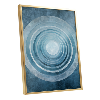 Blue Echo Chamber, blue, white, gray abstract wall art shown as a gold framed poster wall art print