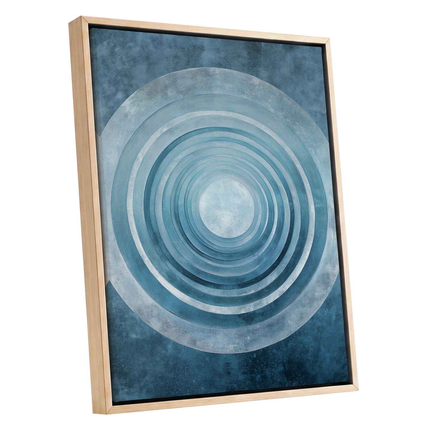 Blue Echo Chamber, blue, white, gray abstract wall art shown as a oak framed canvas wall art