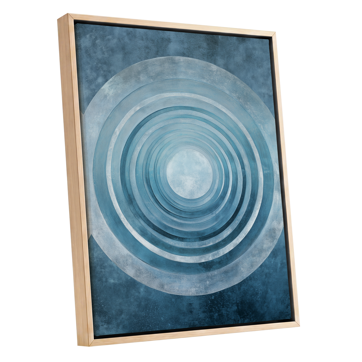 Blue Echo Chamber, blue, white, gray abstract wall art shown as a oak framed canvas wall art