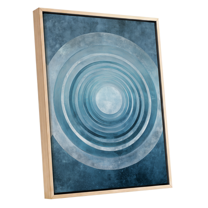 Blue Echo Chamber, blue, white, gray abstract wall art shown as a oak framed canvas wall art