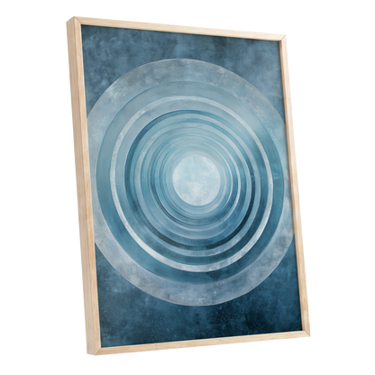 Blue Echo Chamber, blue, white, gray abstract wall art shown as a oak framed poster wall art print