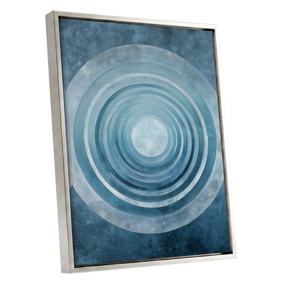 Blue Echo Chamber, blue, white, gray abstract wall art shown as a silver framed canvas wall art