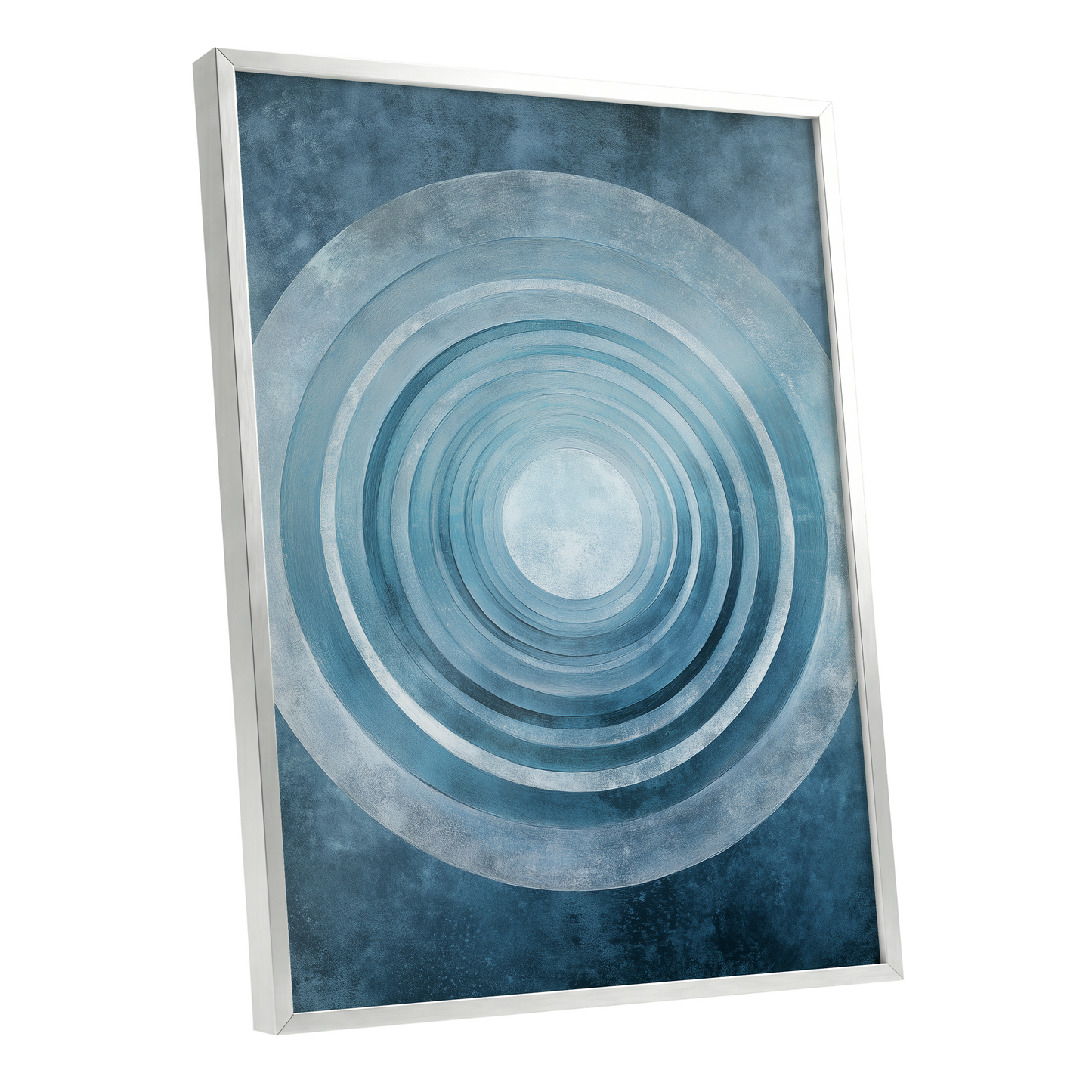 Blue Echo Chamber, blue, white, gray abstract wall art shown as a silver framed poster wall art print