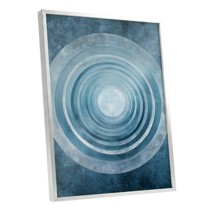 Blue Echo Chamber, blue, white, gray abstract wall art shown as a silver framed poster wall art print