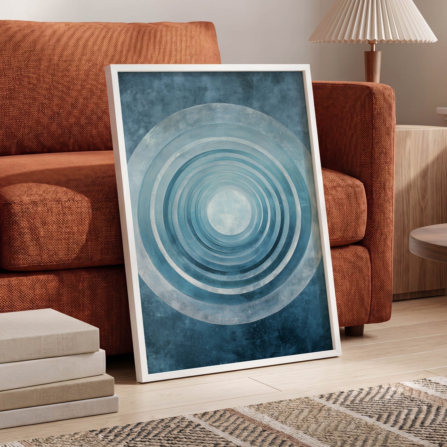 Blue Echo Chamber, blue, white, gray abstract wall art displayed in a styled interior, gallery view 2