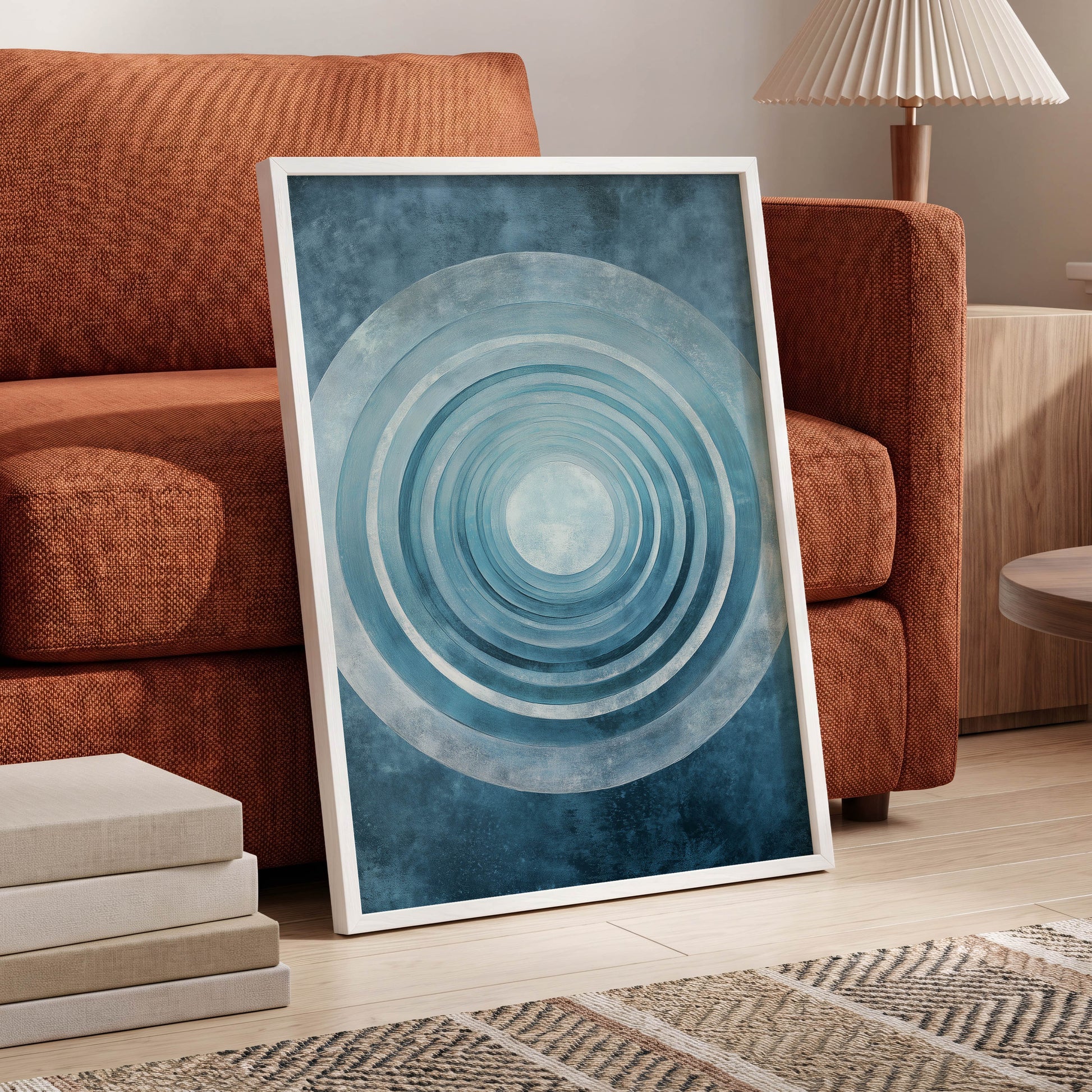Blue Echo Chamber, blue, white, gray abstract wall art displayed in a styled interior, gallery view 2